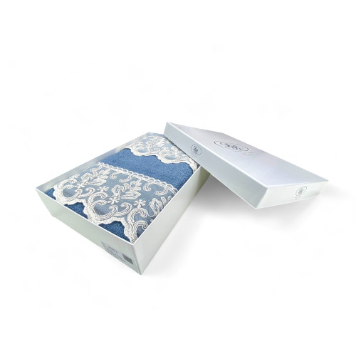 Towel Set 1+1 Macramé Lace Malika Avio, Pure Cotton, Made in Italy, Gift Idea, Elegant Box