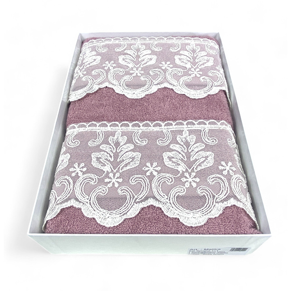 Towel Set 1+1 Macramé Lace Malika Pink, Pure Cotton, Made in Italy, Gift Idea, Elegant Box