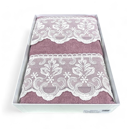 Set Asciugamani 1+1 Pizzo Macramè Malika Rosa, Puro Cotone, Made in Italy, Idea Regalo, Confezione Elegante