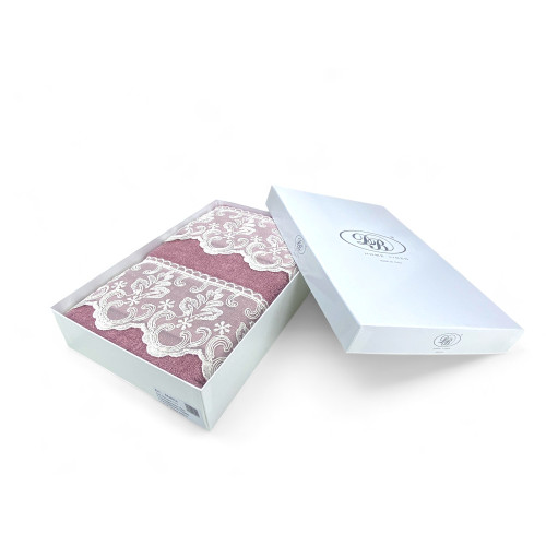 Handtuchset 1+1 Makramee Spitze Malika Rosa, Reine Baumwolle, Made in Italy, Geschenkidee, Elegante Box