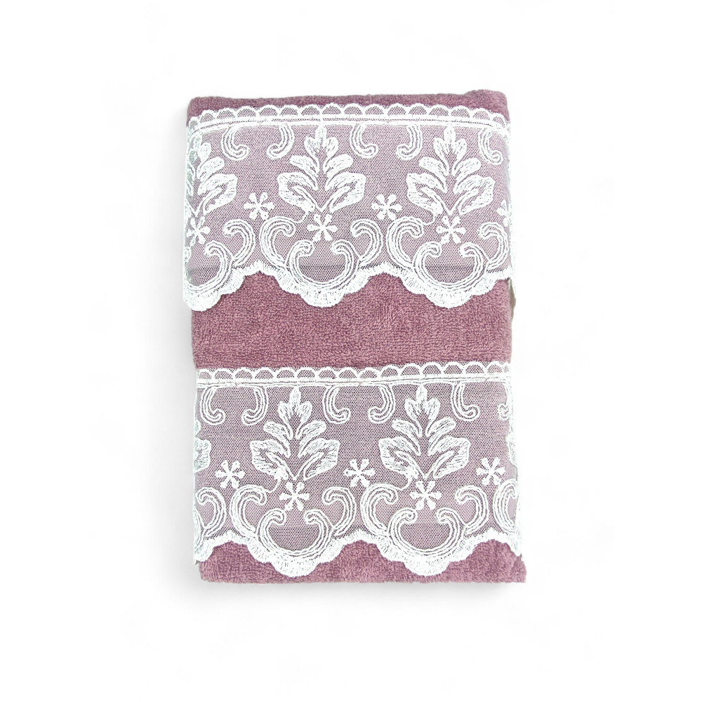 Set Asciugamani 1+1 Pizzo Macramè Malika Rosa, Puro Cotone, Made in Italy, Idea Regalo, Confezione Elegante