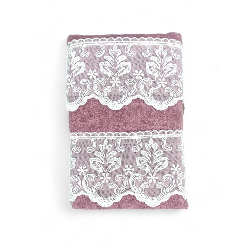 Set de serviettes 1+1 Macramé dentelle Malika rose, pur coton, Made in Italy, Idée cadeau, Boîte élégante