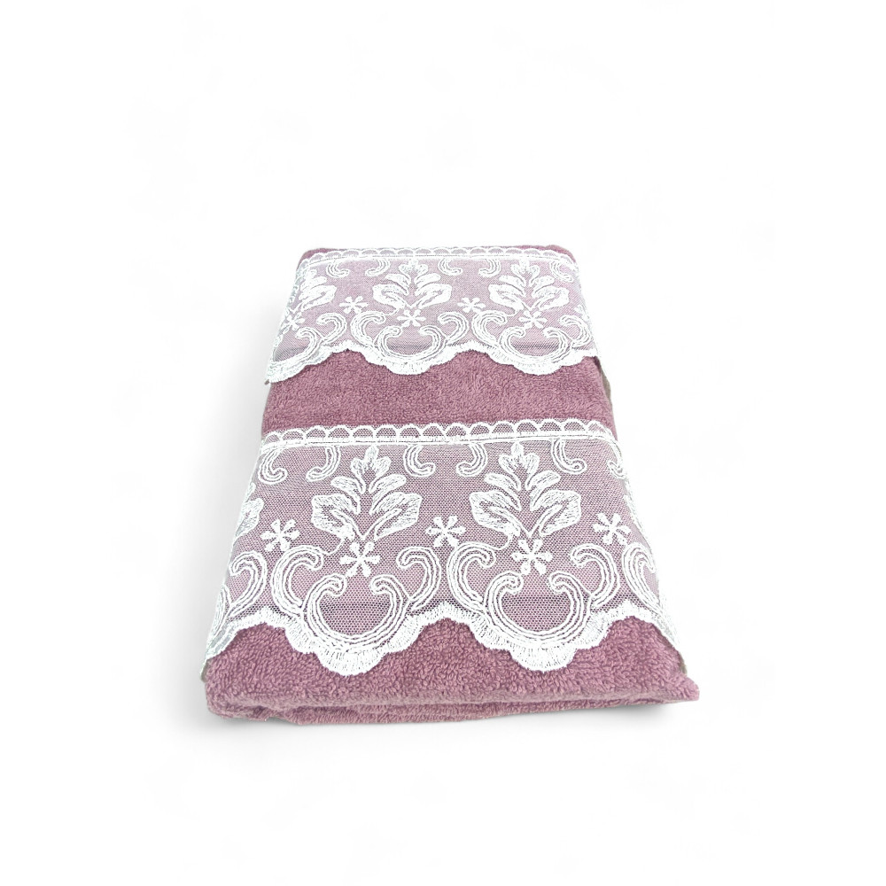 Towel Set 1+1 Macramé Lace Malika Pink, Pure Cotton, Made in Italy, Gift Idea, Elegant Box