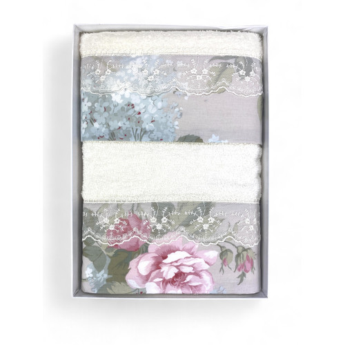Juego de toallas 1+1 Macramé Lace Roseto Cream, puro algodón, Made in Italy, Idea de regalo, Caja elegante