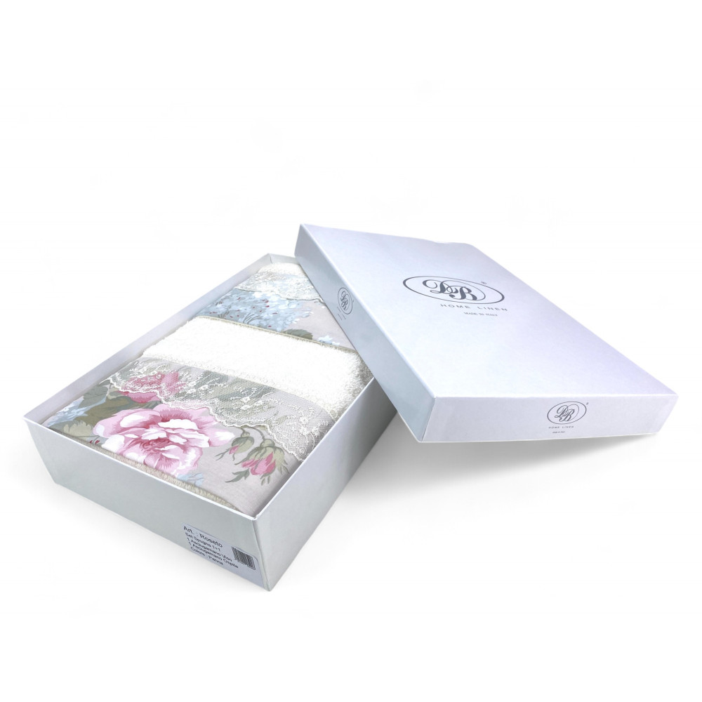 Towel Set 1+1 Macramé Lace Roseto Cream, Pure Cotton, Made in Italy, Gift Idea, Elegant Box