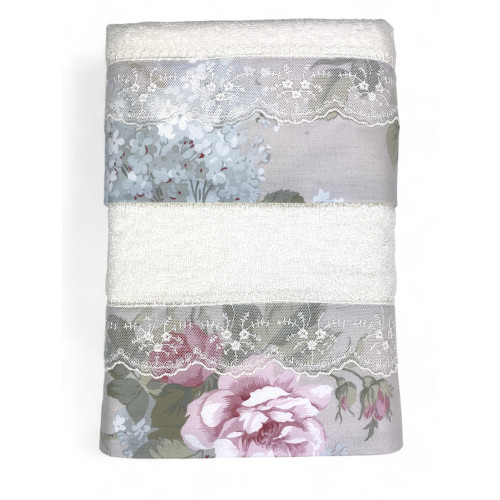 Towel Set 1+1 Macramé Lace Roseto Cream, Pure Cotton, Made in Italy, Gift Idea, Elegant Box
