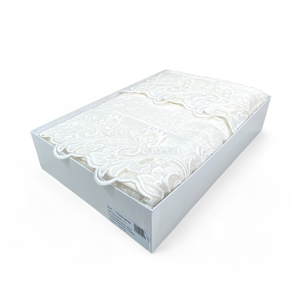 Handtuchset 1+1 Makramee-Spitze Toskana Creme, Reine Baumwolle, Made in Italy, Geschenkidee, elegante Box