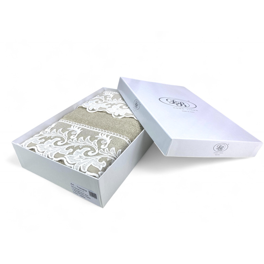 Set Asciugamani 1+1 Pizzo Macramè Toscana Sabbia, Puro Cotone, Made in Italy, Idea Regalo, Confezione Elegante