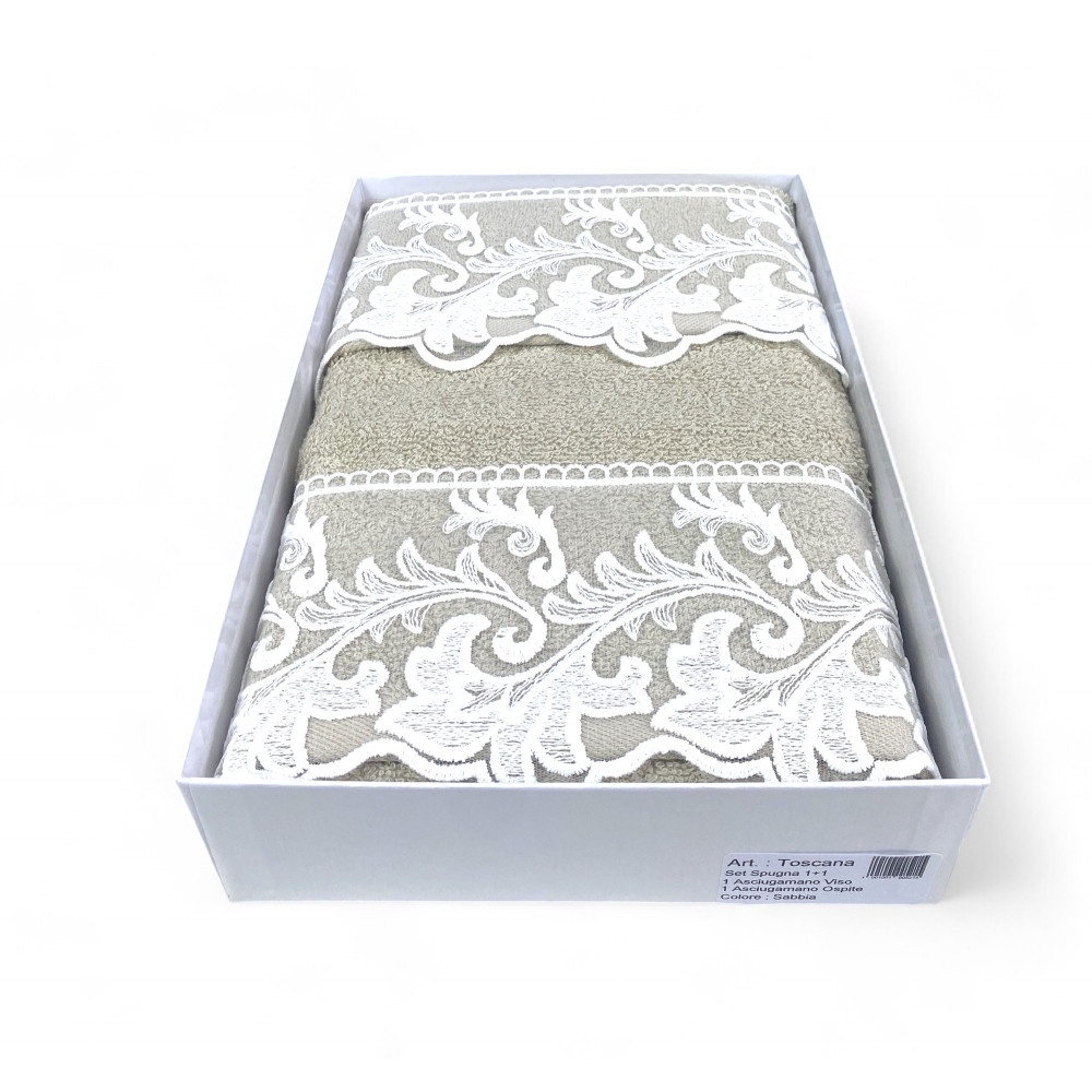 Handtuchset 1+1 Toskanisches Makramee Spitzensand, reine Baumwolle, Made in Italy, Geschenkidee, elegante Verpackung