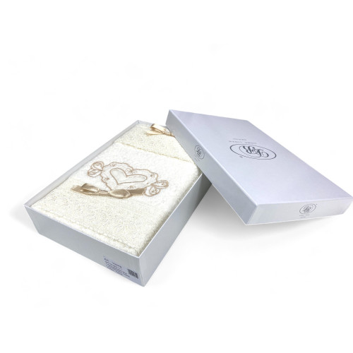 Juego de toallas 1+1 tocador crema, bordado de corazón y encaje, algodón puro, made in Italy, idea de regalo, embalaje elegante