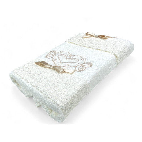 Set Asciugamani 1+1 Vanità Panna, Ricamo Cuore e Pizzo, Puro Cotone, Made in Italy, Idea Regalo, Confezione Elegante