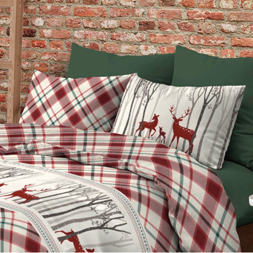Red Deer Scottish Patterned Duvet Cover in Double-Sided Cotton | Double bed 255x200 cm with 2 pillowcases | Washable