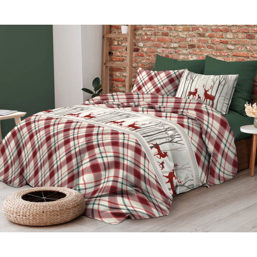 Funda nórdica escocesa con estampado de ciervo rojo en algodón de doble cara | Cama doble 255x200 cm con 2 fundas de almohada |