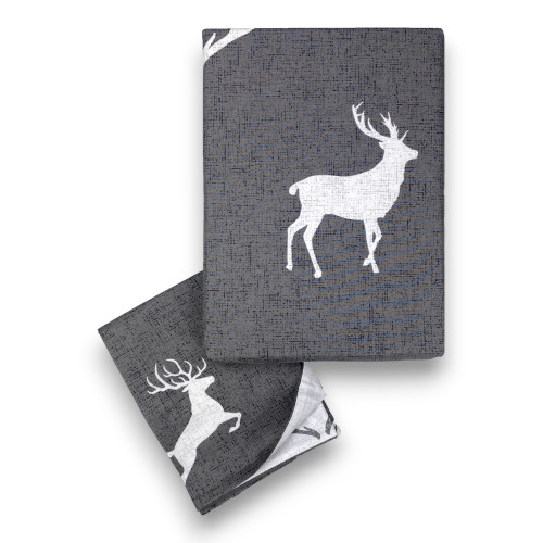 Contemporary Rustic Style Duvet Cover with White Deer on Grey Background | Double bed 255x200 cm | Double-sided cotton