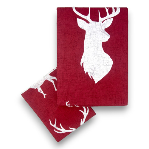 Housse de couette double face en coton avec cerf blanc sur fond bordeaux | Lit double 255x200 cm | Style rustique contemporain