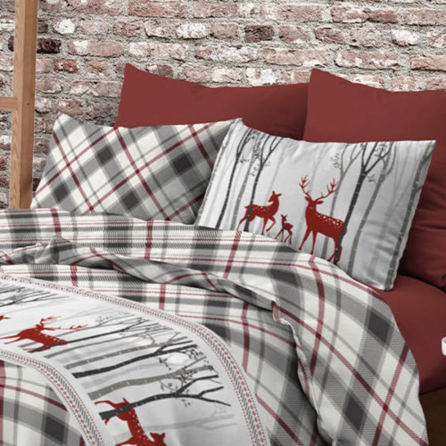 Red Deer and Grey Tartan Scottish Pattern Duvet Cover in Double Face Cotton | Double 255x200 cm with 2 pillowcases