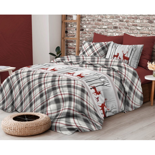 Bettbezug mit rotem Hirsch und grauem Tartan mit schottischem Muster aus doppelseitiger Baumwolle | Doppelbett 255x200 cm mit 2