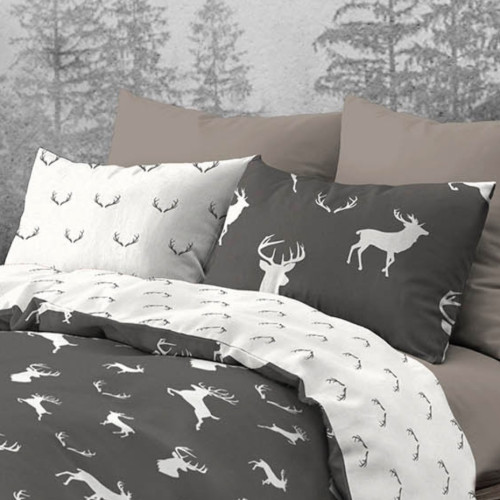 Contemporary Rustic Style Duvet Cover with White Deer on Grey Background | Double bed 255x200 cm | Double-sided cotton