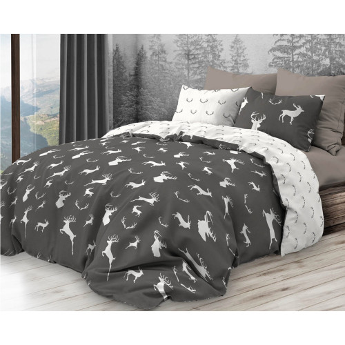 Zeitgenössischer Bettbezug im rustikalen Stil mit weißem Hirsch auf grauem Hintergrund | Doppelbett 255x200 cm | Doppelseitige B
