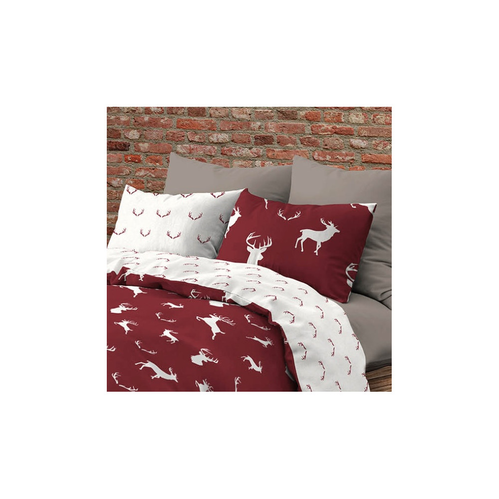 Double Face Cotton Duvet Cover with White Deer on a Burgundy Background | Double bed 255x200 cm | Contemporary Rustic Style