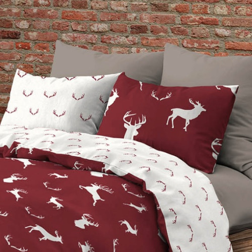Funda nórdica de algodón de doble cara con ciervo blanco sobre fondo burdeos | Cama doble 255x200 cm | Estilo Rústico Contemporá