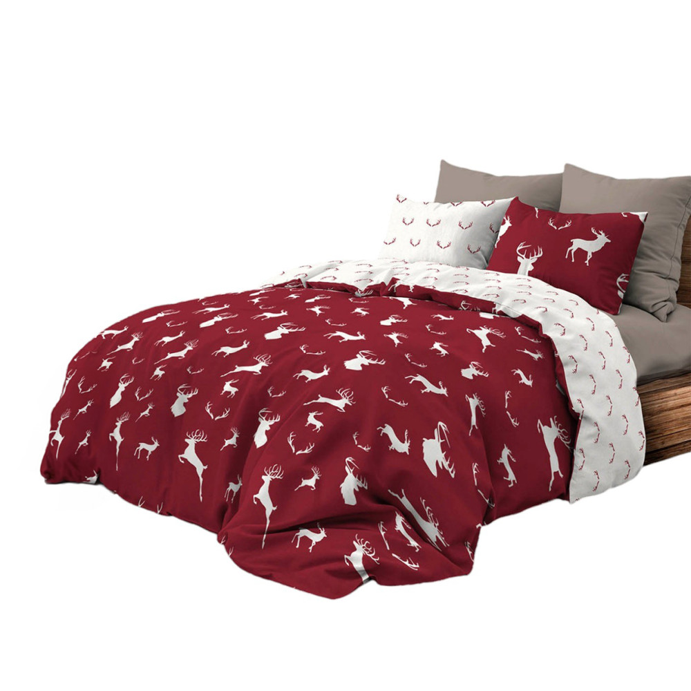 Housse de couette double face en coton avec cerf blanc sur fond bordeaux | Lit double 255x200 cm | Style rustique contemporain