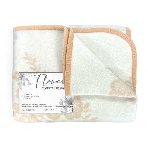 Flower Blanket in 100% Pure Soft and Warm Wool with Velvet Border - Comfort and Elegance, Classic Design - Made in Italy