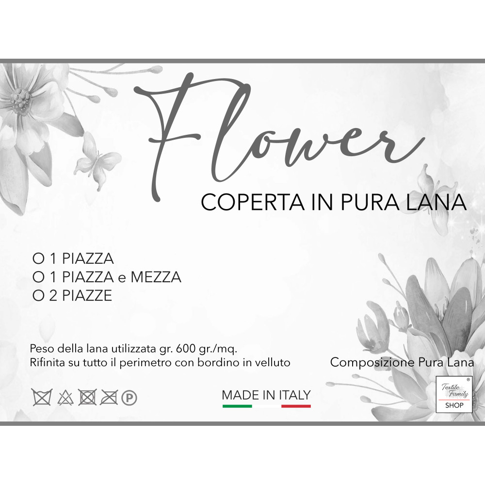 Coperta Flower in 100% Pura Lana Morbida e Calda con Bordino in Velluto - Comfort ed Eleganza, Design Classico - Made in Italy