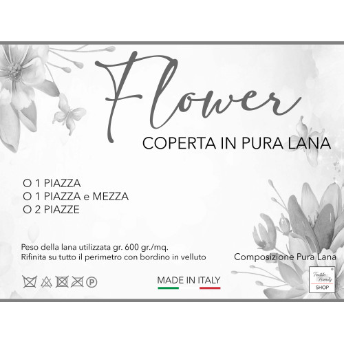 Coperta Flower in 100% Pura Lana Morbida e Calda con Bordino in Velluto - Comfort ed Eleganza, Design Classico - Made in Italy