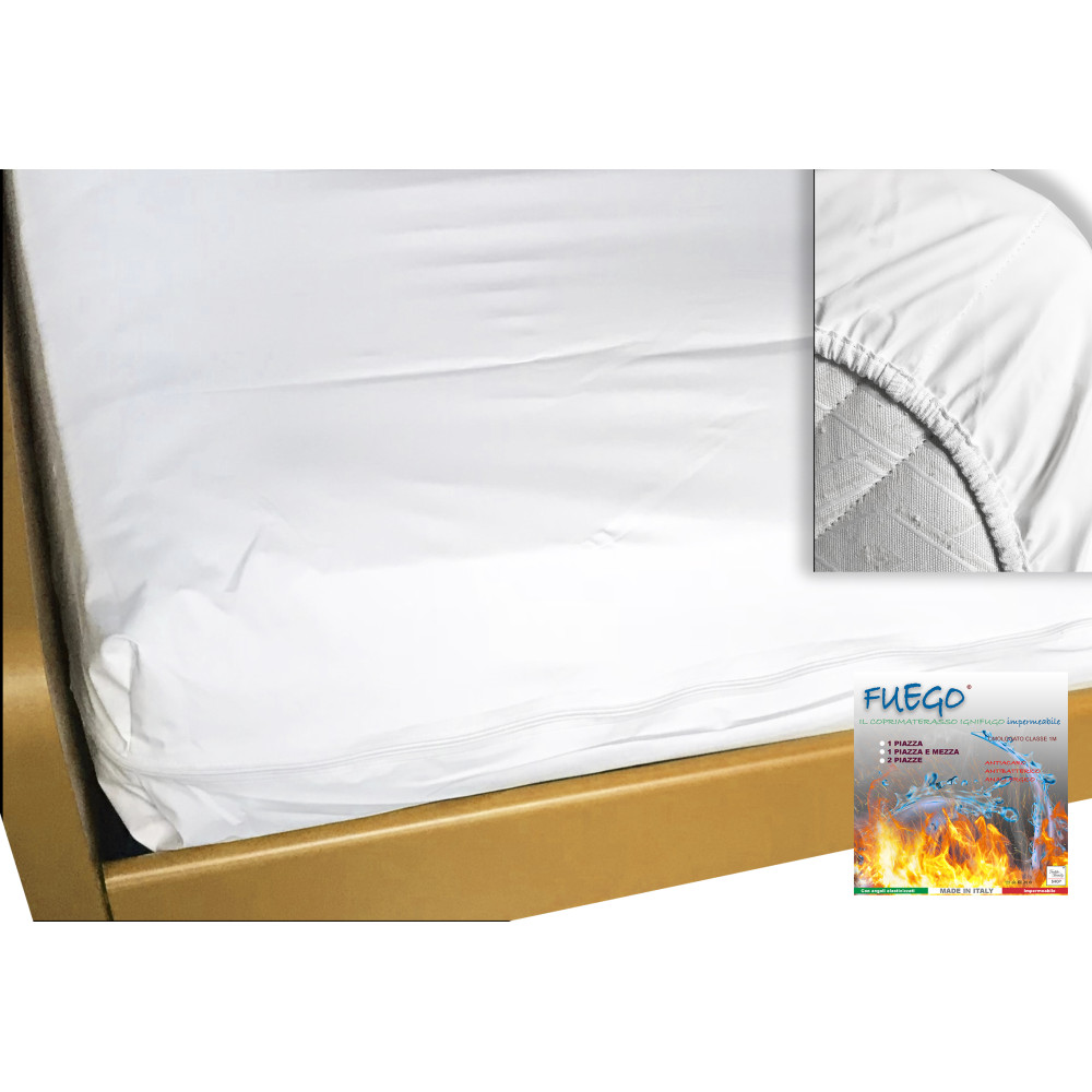 Housse de matelas imperméable « FUEGO » anti-acariens ignifuge classe 1, élastique, ligne hôtelière, fabriquée en Italie