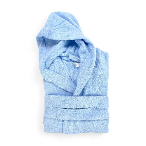 Light Blue Hi Tech Cotton Terry Bathrobe for Boy with Hood, 400 gr/sqm, Tex Family, Made in Italy