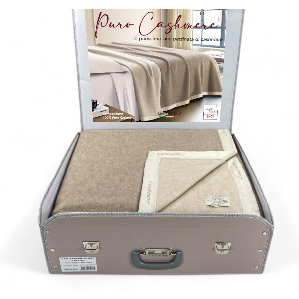 Pure Worsted Cashmere Blanket Made in Italy - Softness and Thermal Comfort, Two-tone Beige Grey Model