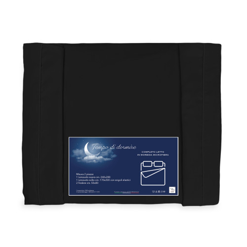 COMPLETO LENZUOLO in morbida microfibra TINTA Nera Matrimoniale 2 PIAZZE no stiro