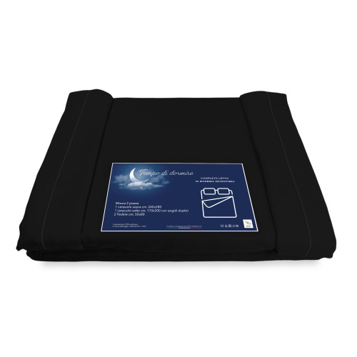 COMPLETO LENZUOLO in morbida microfibra TINTA Nera Matrimoniale 2 PIAZZE no stiro