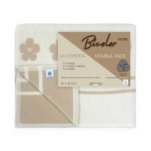 Couverture Fiore bicolore en pure laine vierge de marque, double face, noisette clair/foncé, Made in Italy
