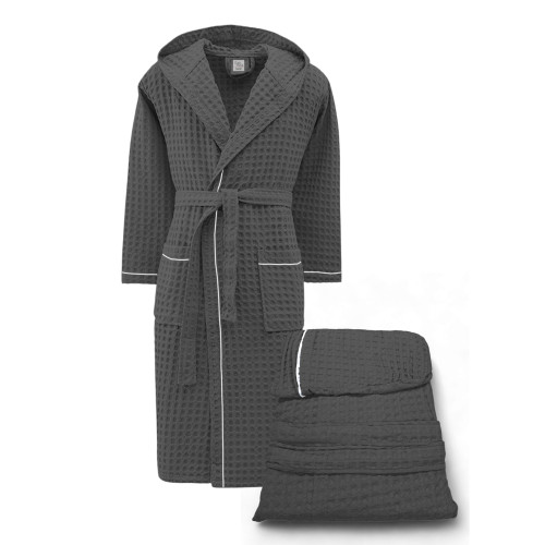 Herren Damen Bademantel aus Baumwolle mit Kapuze, BEEApone® Wabe, Anthrazit Farbe, schnell trocknend, weich