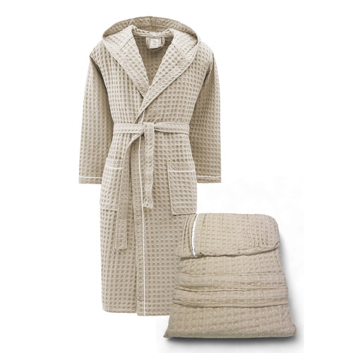 Herren Damen Bademantel aus Baumwolle mit Kapuze, BEEApone® Wabe, beige Farbe, schnell trocknend, weich