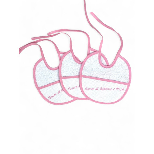 Lot de 3 bavoirs brodés pour bébé « Amore di Mamma e Papà », 100% coton hypoallergénique, Made in Italy, bordure élégante, 18x18