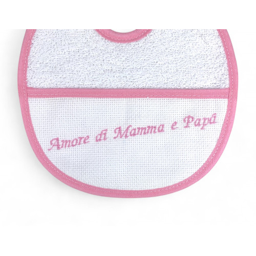 Set de 3 Baberos Bordados "Amore di Mamma e Papà", 100% Algodón Hipoalergénico, Made in Italy, Borde Elegante, 18x18 cm