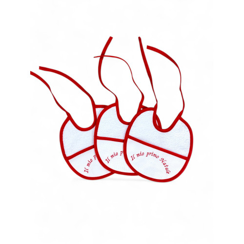 Set of 3 Red Embroidered Baby Bibs "My First Christmas", 100% hypoallergenic cotton, Made in Italy, elegant edging, 18x18cm