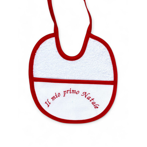 Lot de 3 bavoirs pour bébé brodés rouges « Mon premier Noël », 100% coton hypoallergénique, Made in Italy, liseré élégant, 18x18