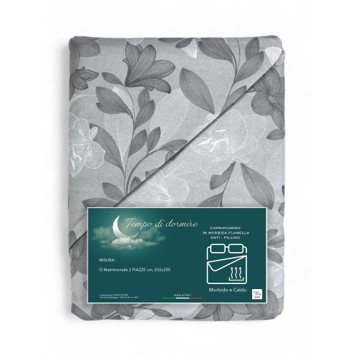 Doppelbettbezug aus Flanell 250x200 cm "Sleeping Time" - Graue Blume | Weich, warm und Made in Italy