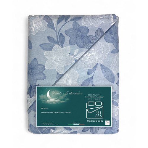 Housse de couette double en flanelle 250x200 cm « Sleeping Time » - Fleur Bleue | Doux, chaud et fabriqué en Italie