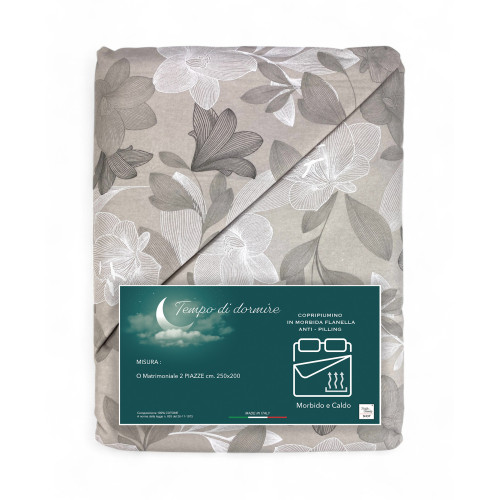 Flannel Double Duvet Cover 250x200 cm "Sleeping Time" - Dove Grey Flower | Soft, Warm, AntiPilling Made in Italy