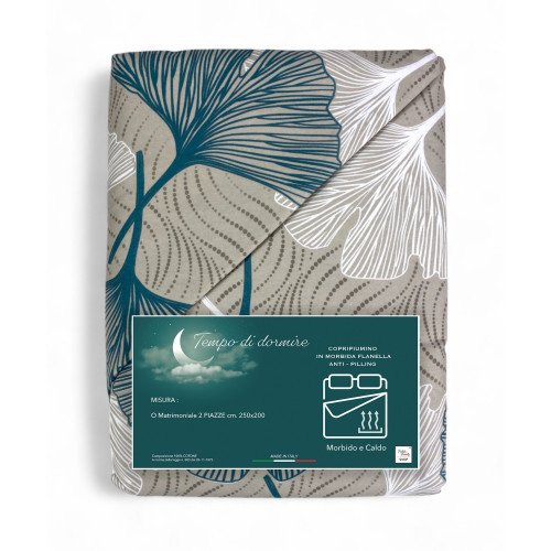 Housse de couette double en flanelle 250x200 cm « Sleeping Time » - Pétales verts | Doux, chaud, anti-boulochage, fabriqué en It