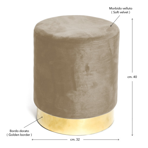 Pouf en velours gris tourterelle avec base dorée | Design élégant, Ø32xH40 cm, Doux, Résistant jusqu’à 150 kg