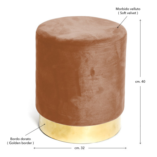 Pouf pouf en velours rouille avec base dorée | Design élégant, Ø32xH40 cm, Doux, Résistant jusqu’à 150 kg