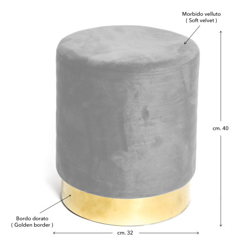 Puf Reposapiés de terciopelo en terciopelo gris claro con base dorada | Diseño elegante, Ø32xH40 cm, Resistente hasta 150 kg
