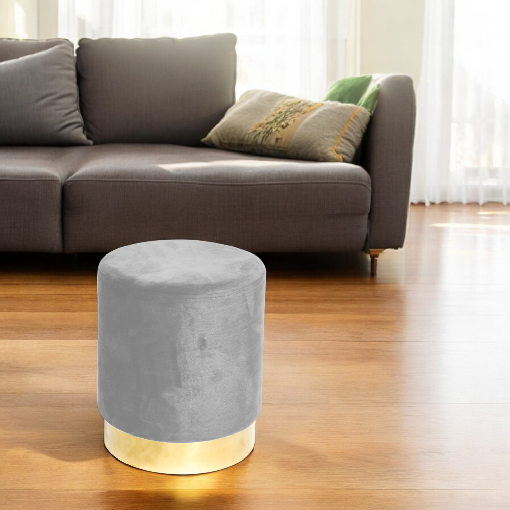 Samt Fußhocker Pouf aus hellgrauem Samt mit goldenem Gestell | Elegantes Design, Ø32xH40 cm, Belastbar bis 150 kg