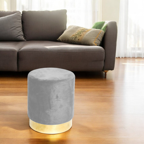 Pouf en velours gris clair avec base dorée | Design élégant, Ø32xH40 cm, Résistant jusqu’à 150 kg